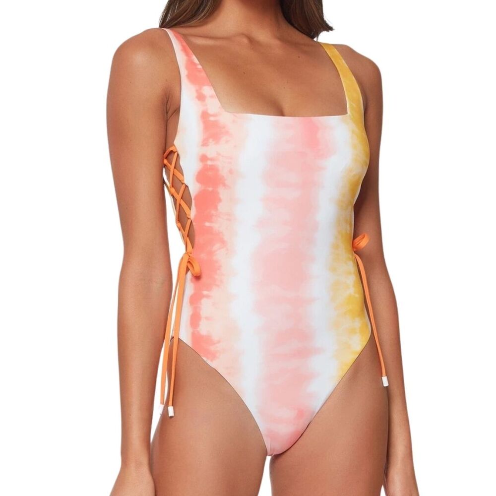 SANCTUARY Orange Desert Dreamer Tie Dye Square Neck One Piece Swim Suit NWT L